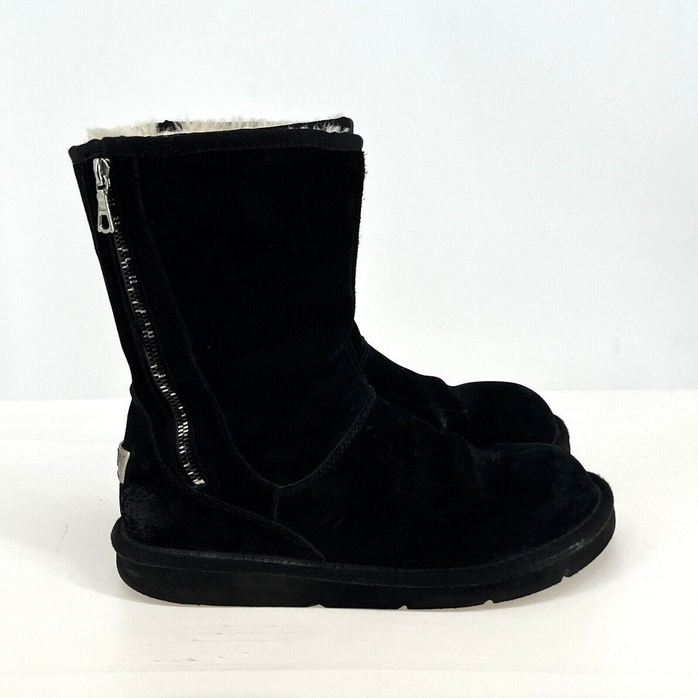 Ugg Australia Boots Womens 8 Mayfaire Black Leather Zip Boots Sheepskin